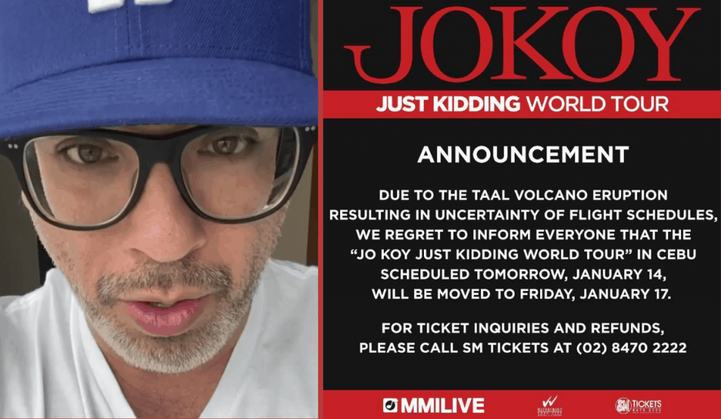 Jo Koy asks for prayers, reschedules Cebu show amid Taal eruption