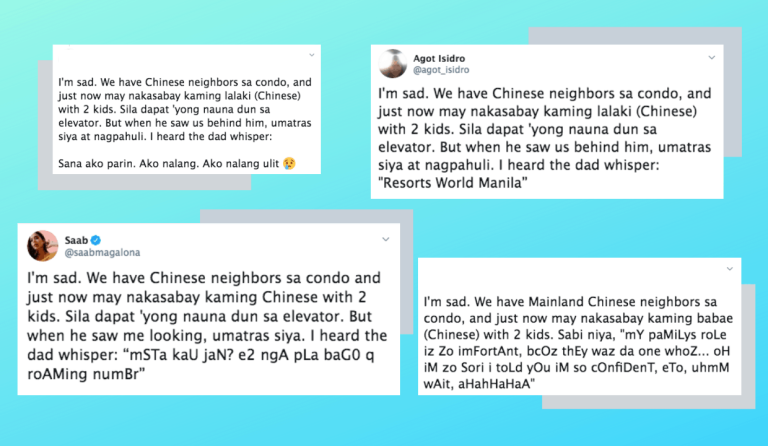 Saab Magalona, Agot Isidro, netizens offer new versions of ‘I’m sad. We have Chinese neighbors sa condo…’