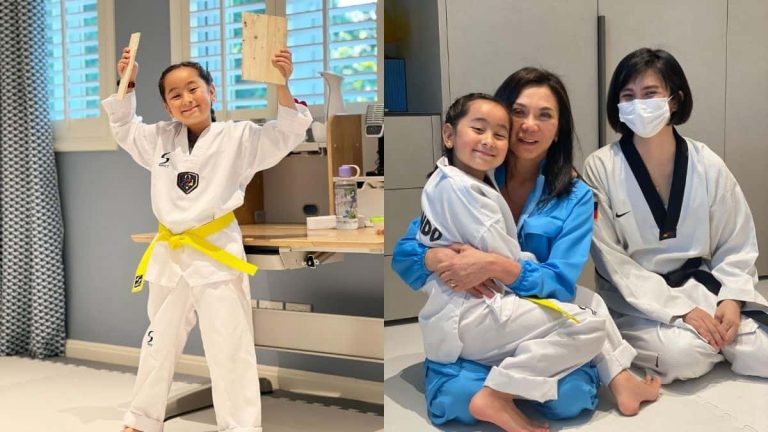 Scarlet Snow Belo earns yellow belt in taekwondo after passing kick test