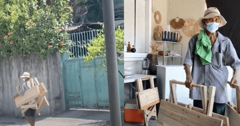 Twin sisters lend helping hand to an elderly who sells tables in Pampanga