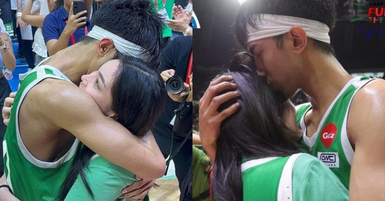 Evan Nelle shares a hug with Kitty Duterte after UAAP basketball win