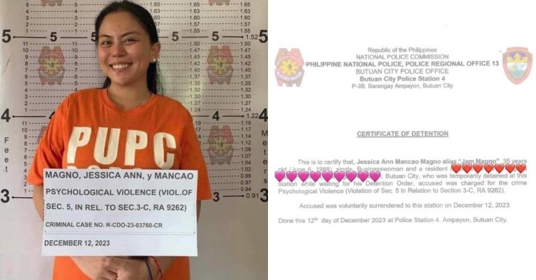 Jam Magno thanks police for ‘wonderful experience’ after turning self in for alleged psychological violence, goes viral for smiling mugshot