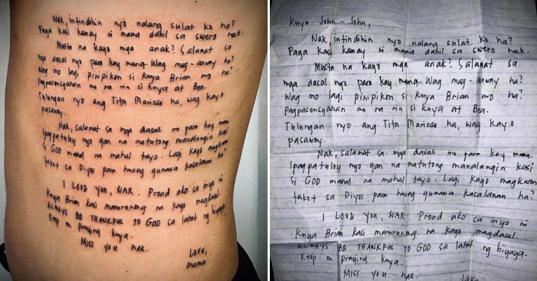 Son pays tribute to late mother by having her last letter tattoed on his body