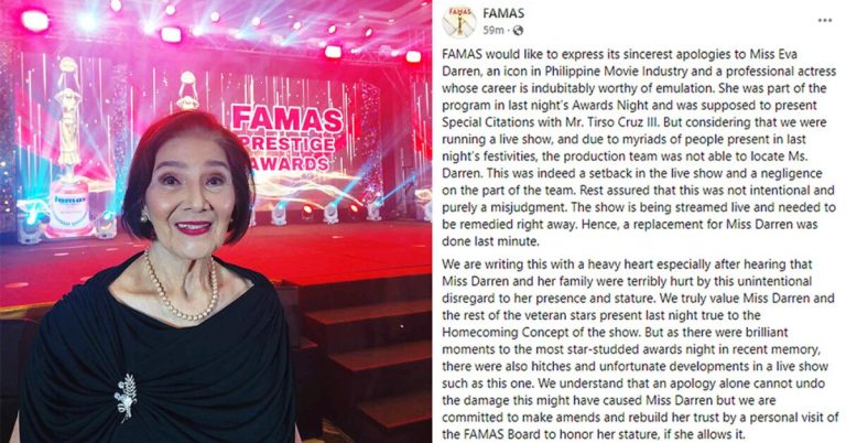 Eva Darren’s family reacts to FAMAS apology over ‘disrespectful’ treatment of veteran actress during awards night