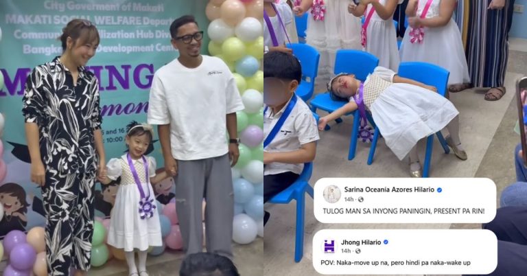 Jhong Hilario’s daughter Sarina dozes off during moving-up ceremony